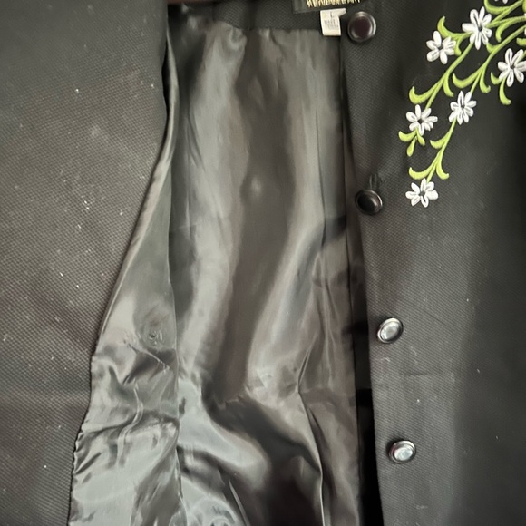 Bob Macke Womens collarless Jacket Black Blouse Wearable Art Floral Sz Large EUC - Picture 10 of 10